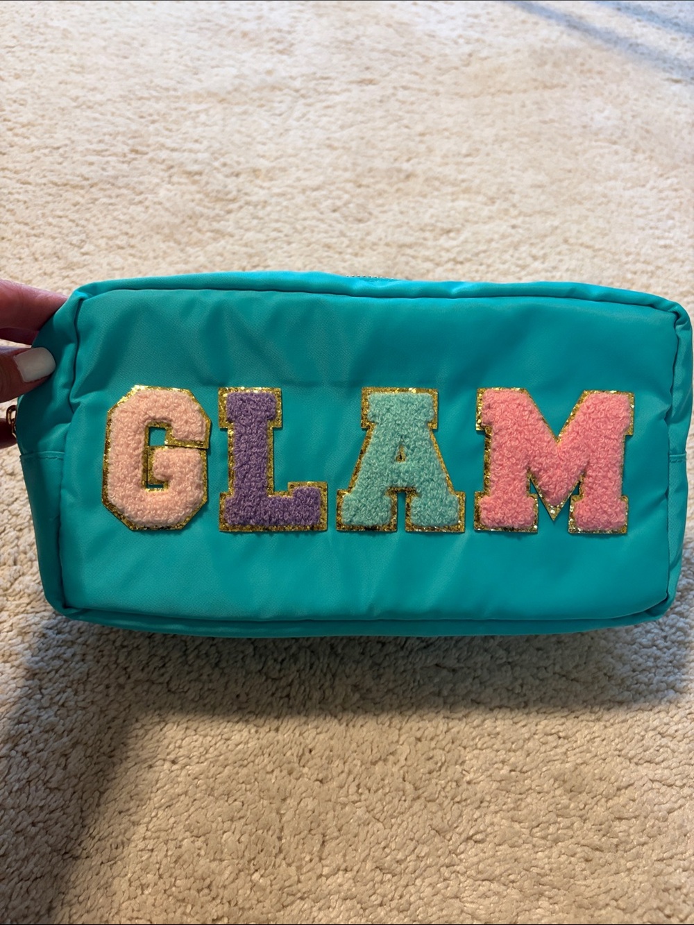 Turquoise 'GLAM' Cosmetic Bag with Pink & Mint Lettering